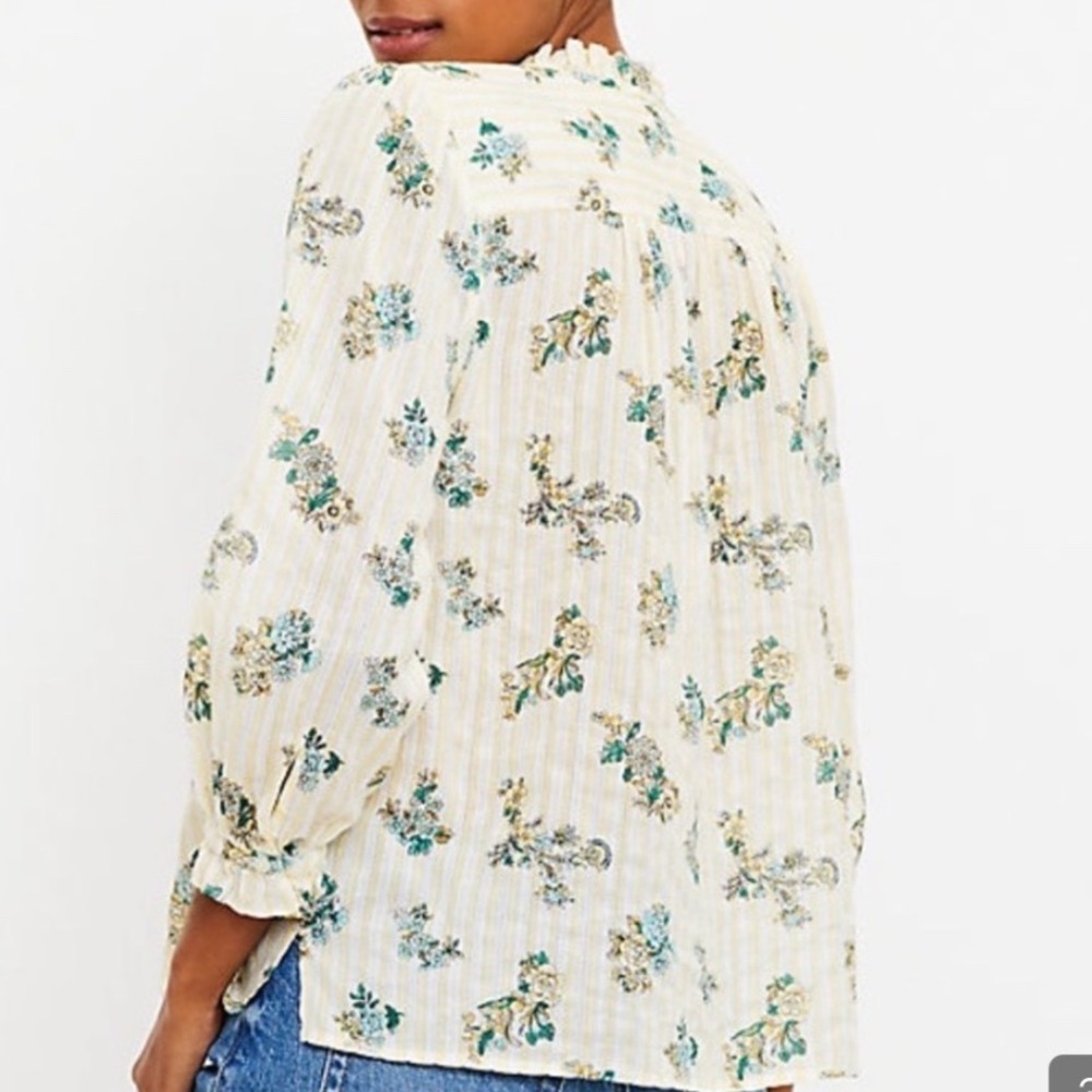 LOFT Floral Bouquet Ruffle Neck Button Front Cotton Blouse Large Peasant Boho - Picture 6 of 10